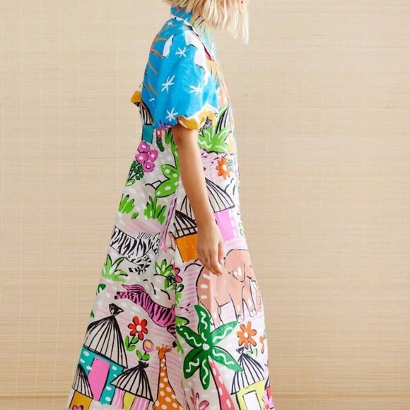 Boho Women's vacay Tropical Plant Print V-Neck Short Puff Sleeve maxi dress - Picture 5 of 8